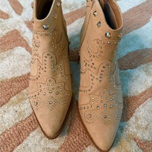 Lauren Lorraine Beige Ankle Boots with Crystal Accents